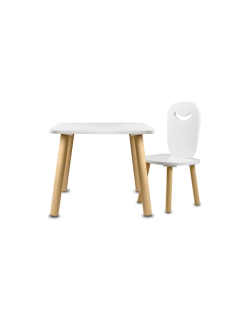 Mesa infantil con sillas en madera blanca.