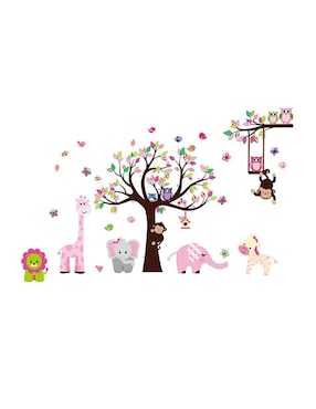 Vinil Decorativo Dara Baby Árbol Con Búhos Y Animales De La Selva Infantil