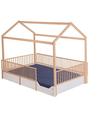 Cama infantil Casa Cercada Blanca con Estructura Natural Duduk de MDF individual
