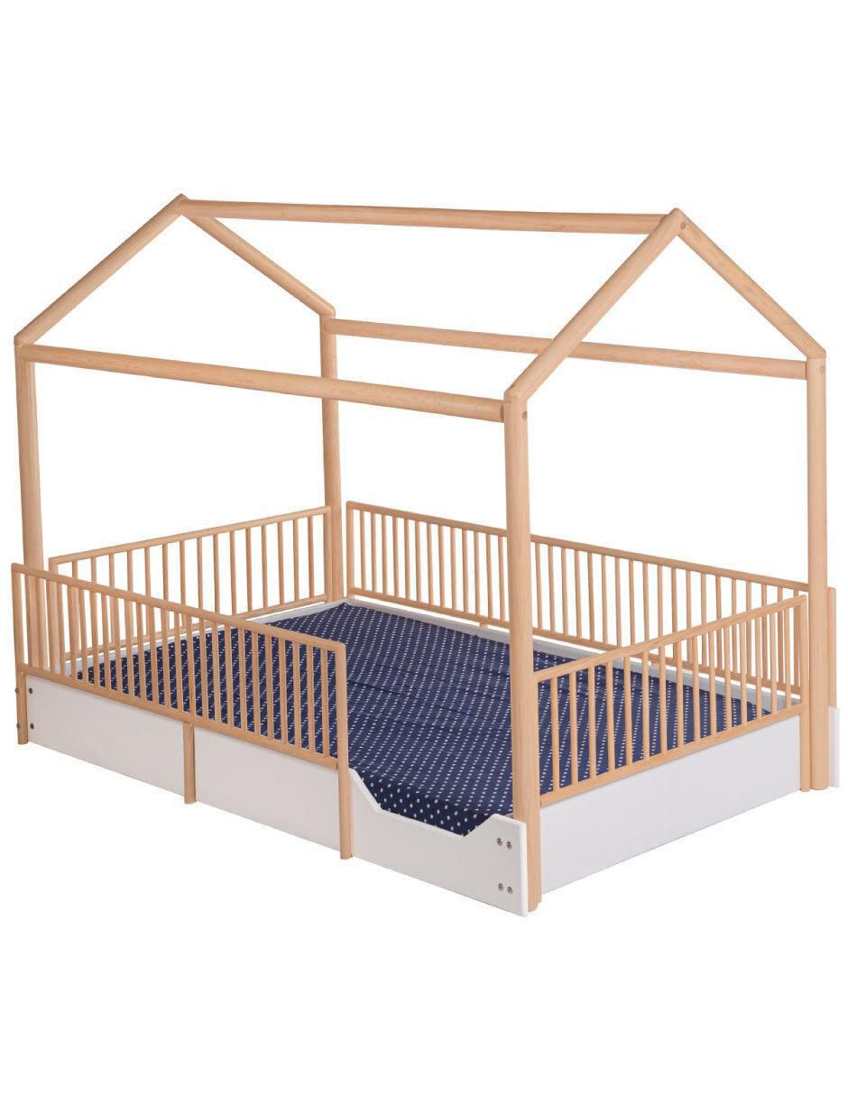 Cama infantil Casa Cercada Blanca con Estructura Natural de MDF individual Cama infantil Casa Cercada Blanca con Estructura Natural de MDF individual