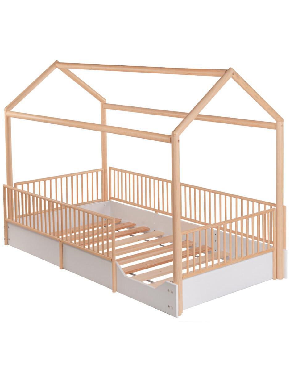 Cama infantil Casa Cercada Blanca con Estructura Natural de MDF individual 2