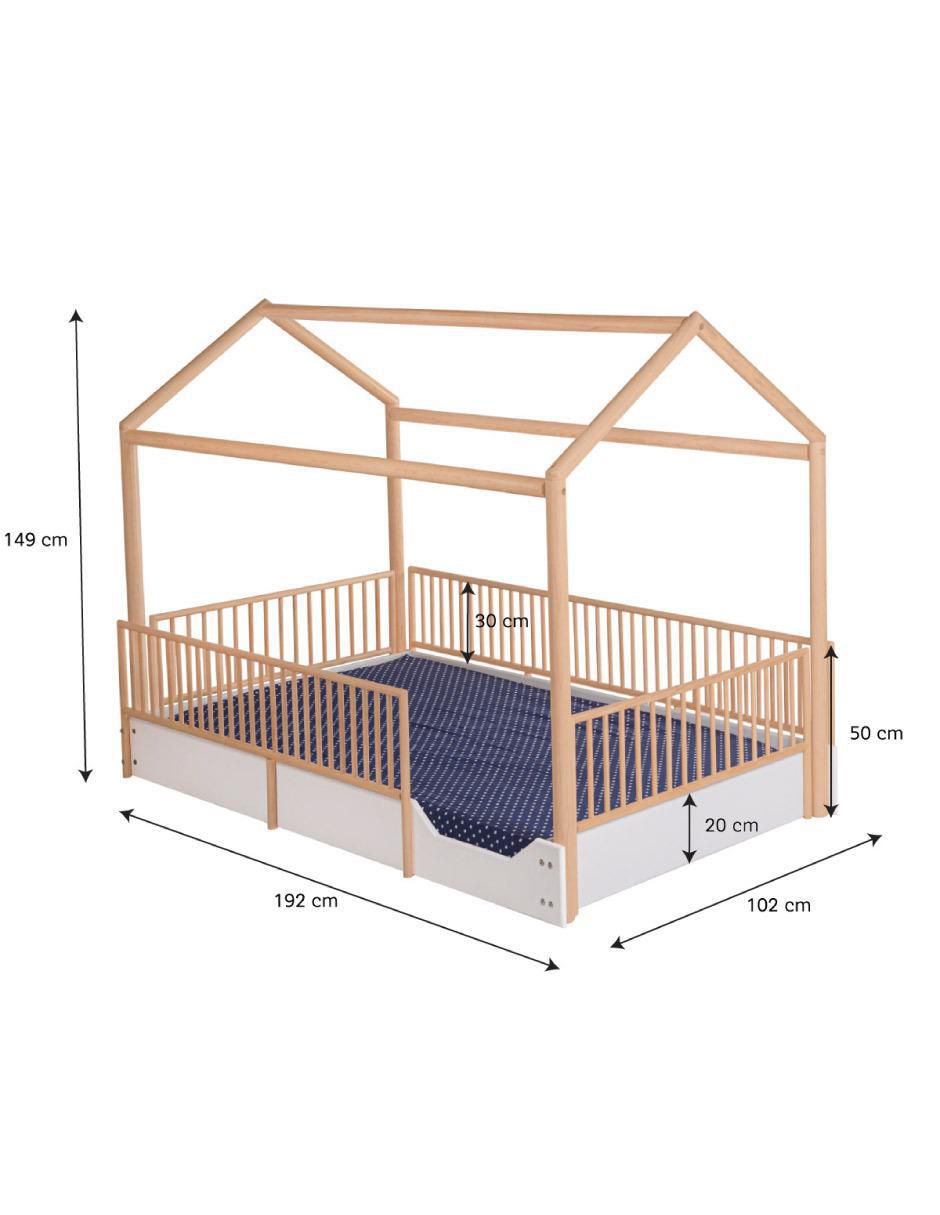 Cama infantil Casa Cercada Blanca con Estructura Natural de MDF individual 5